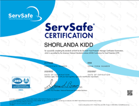ServSafe Food Protection Manager Certification for Shorlanda Kidd, accredited by ANSI-CFP
