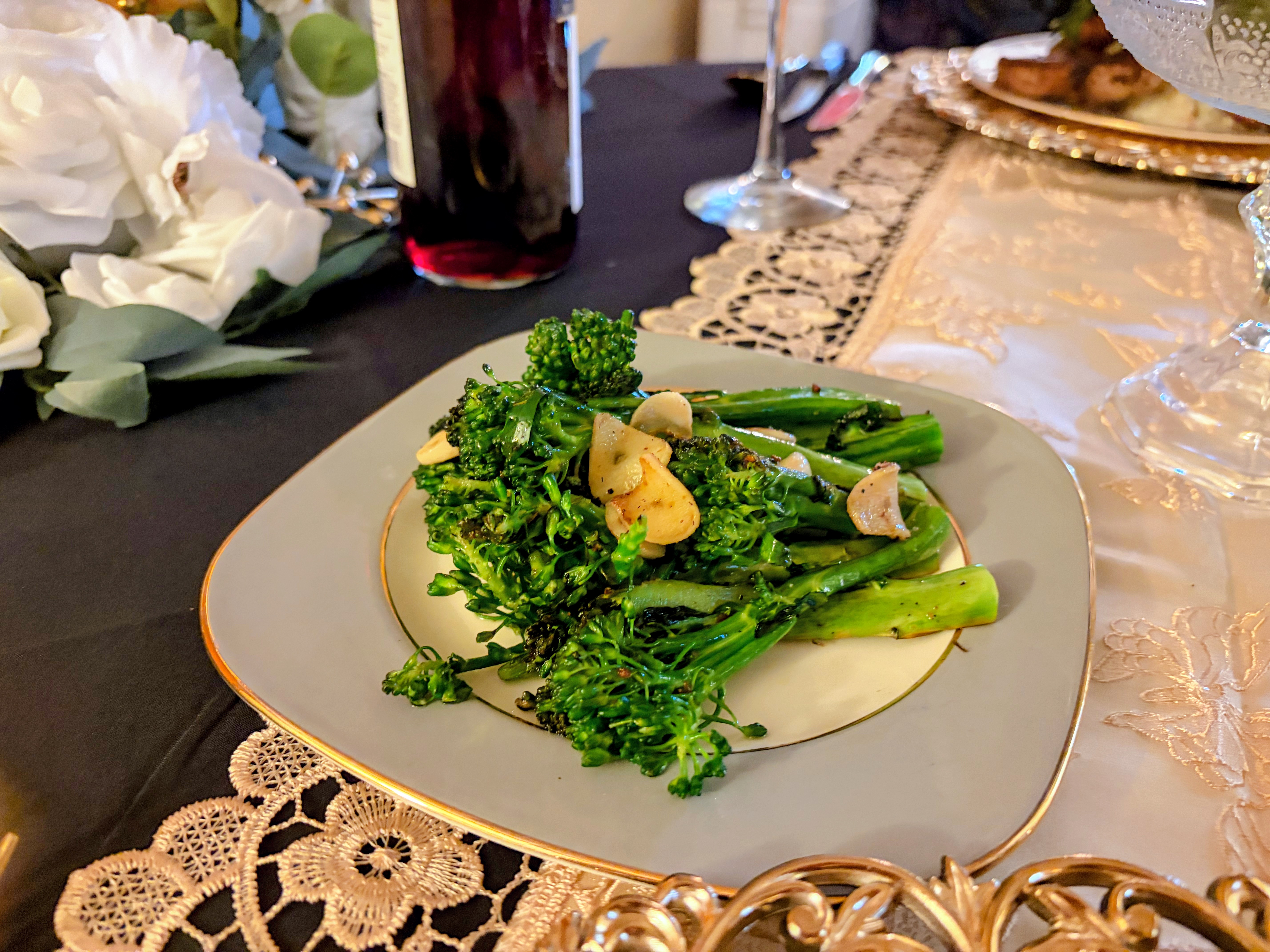 Seared lamb chops, cilantro lime rice, and garlic roasted broccolini