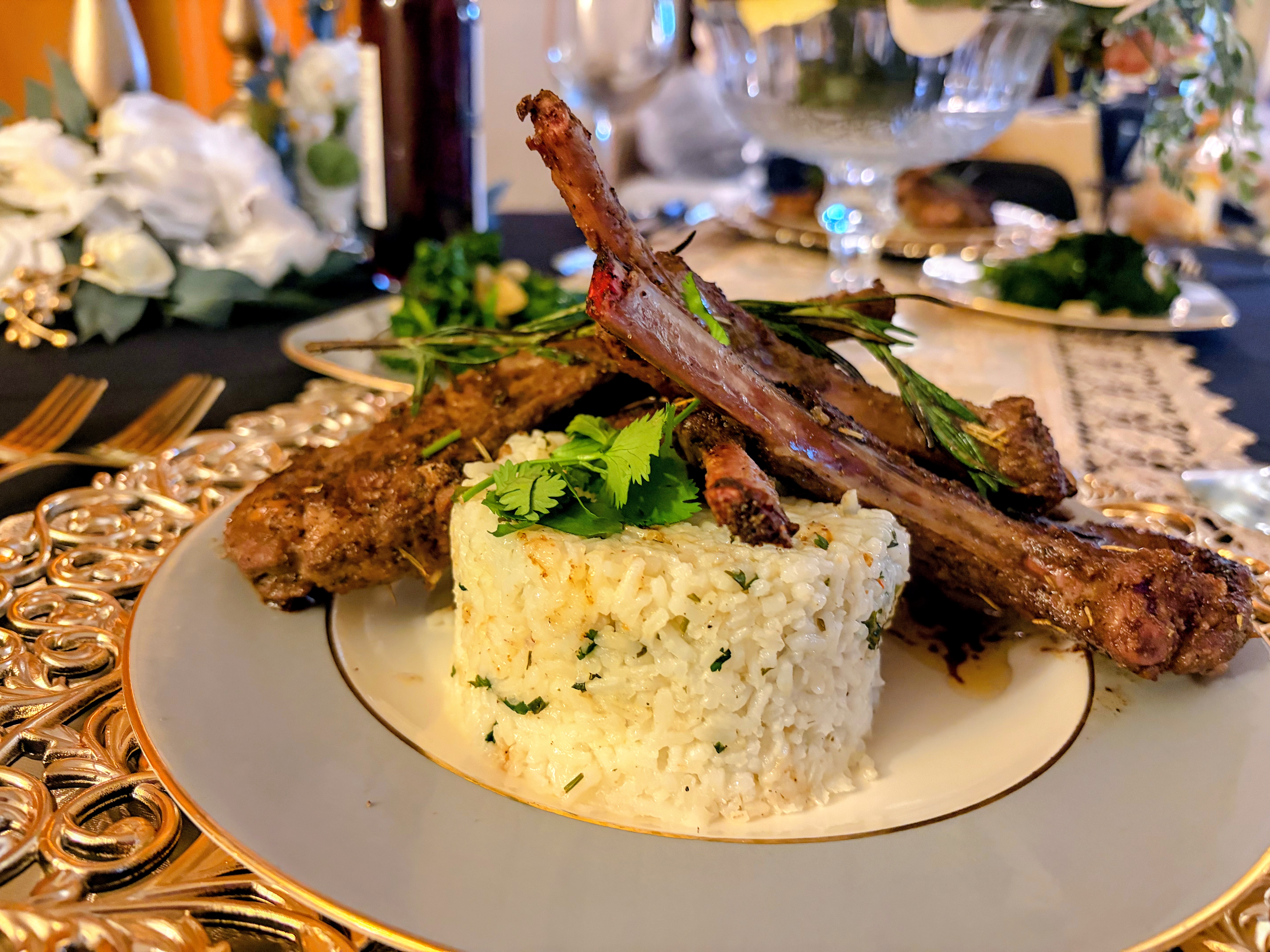 Seared lamb chops, cilantro lime rice, and garlic roasted broccolini