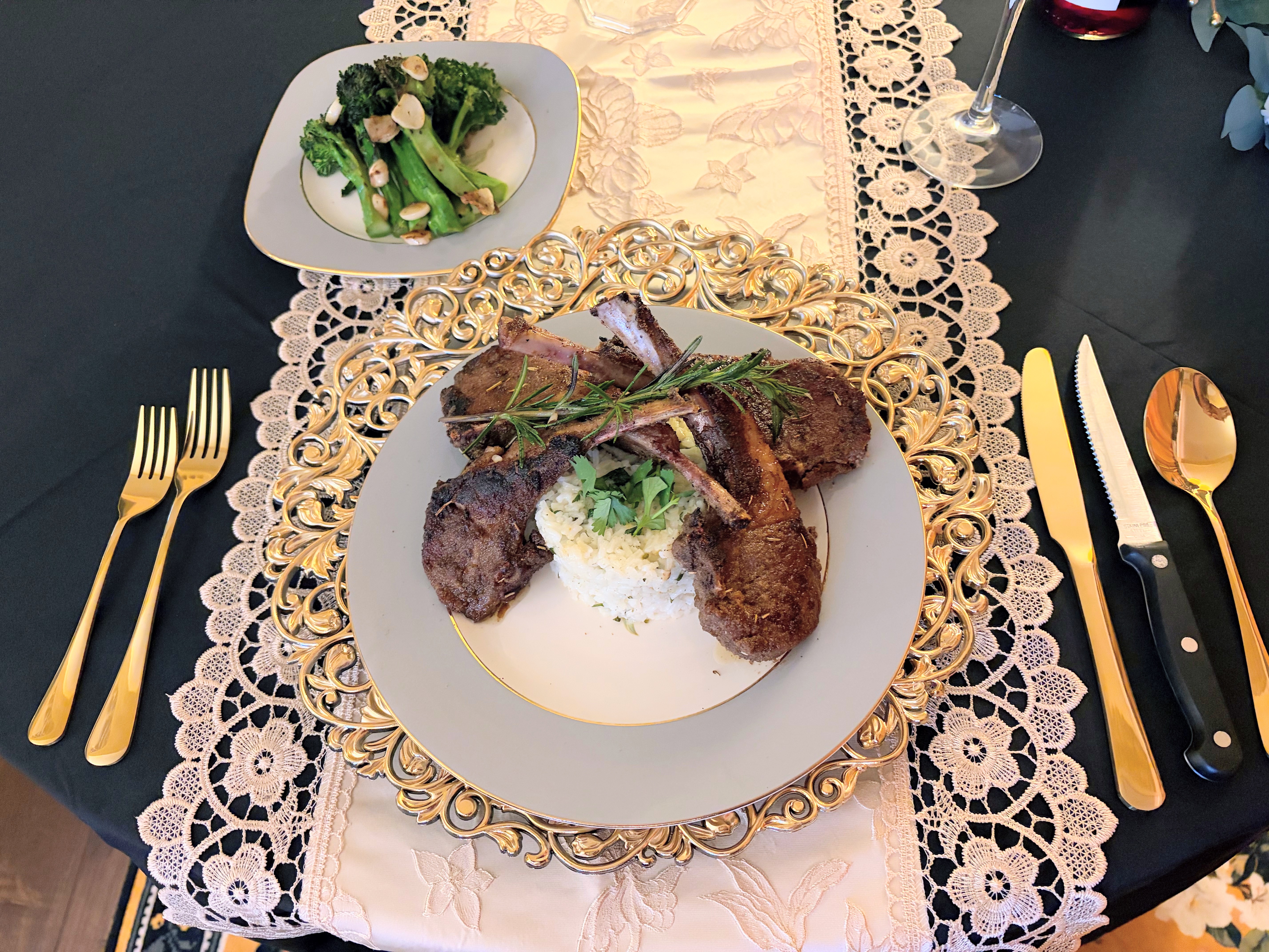 Seared lamb chops, cilantro lime rice, and garlic roasted broccolini