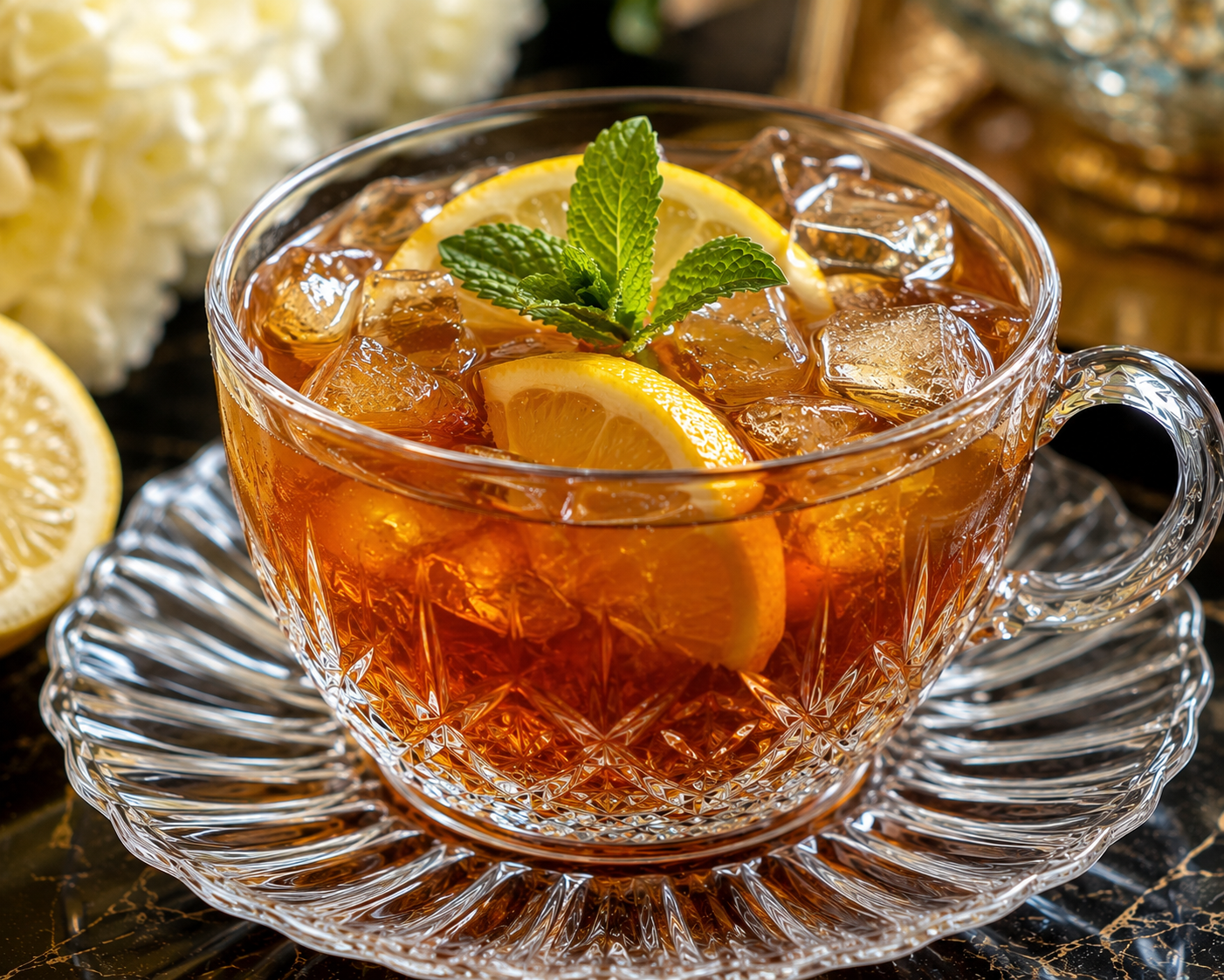 Seasonal iced tea served in crystal glassware