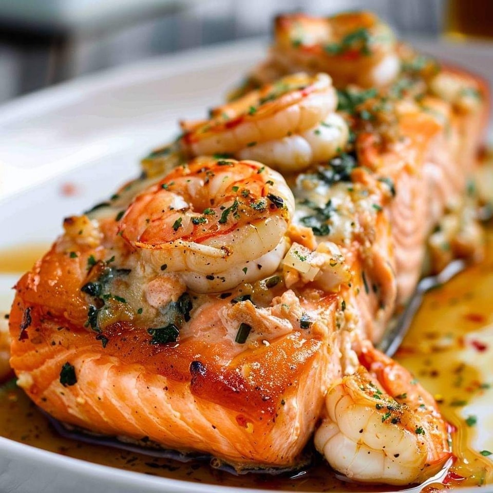 Grilled Cajun salmon topped with shrimp and herb butter sauce