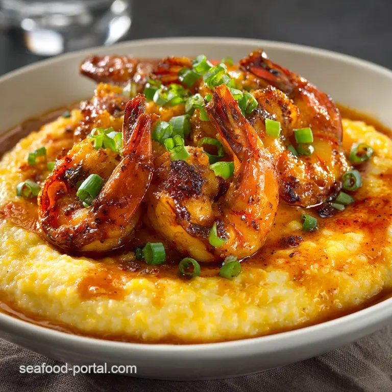 Jumbo shrimp served over creamy grits with herbs