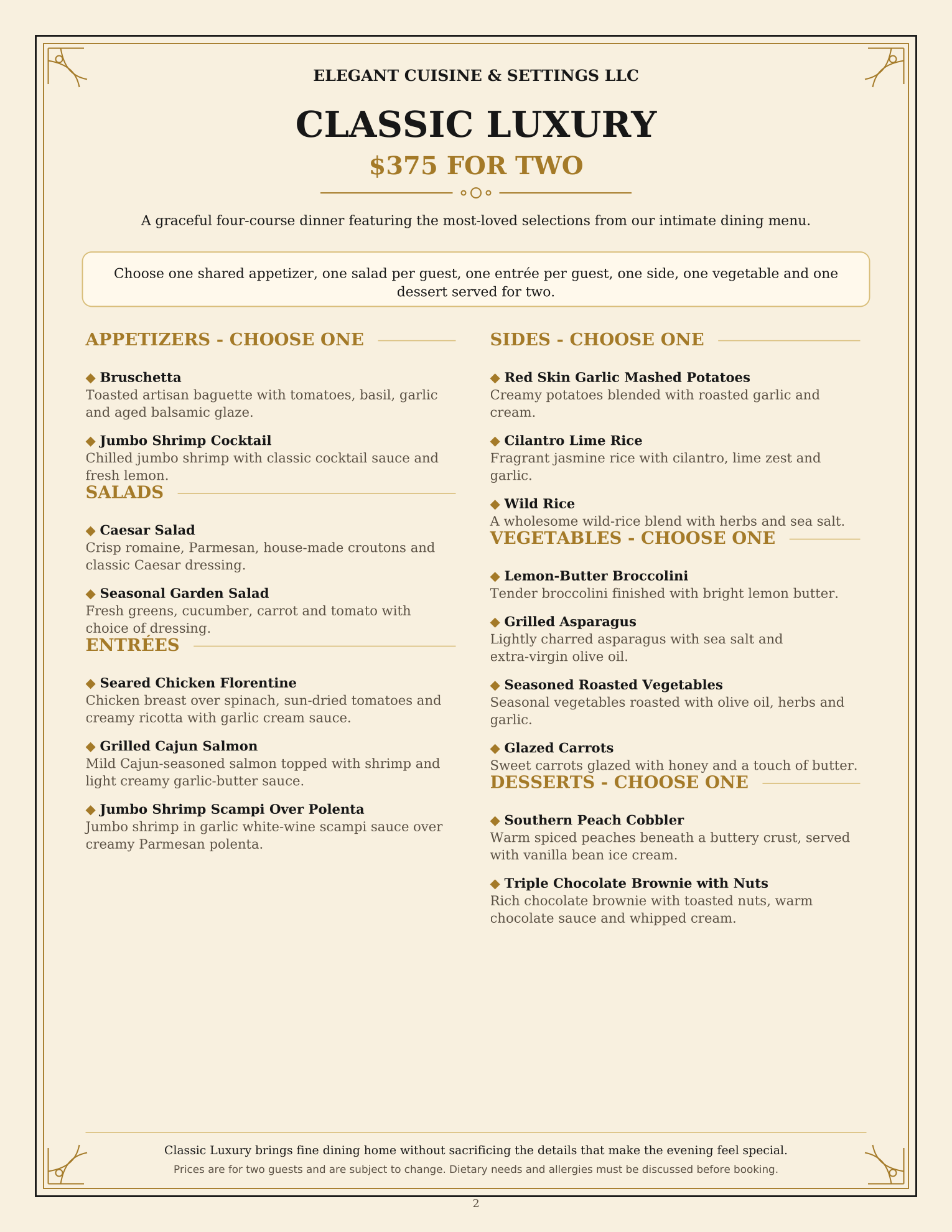 Classic Luxury menu, $375 for two — a four-course intimate dining menu with appetizer, salad, entrée, side, vegetable, and dessert selections