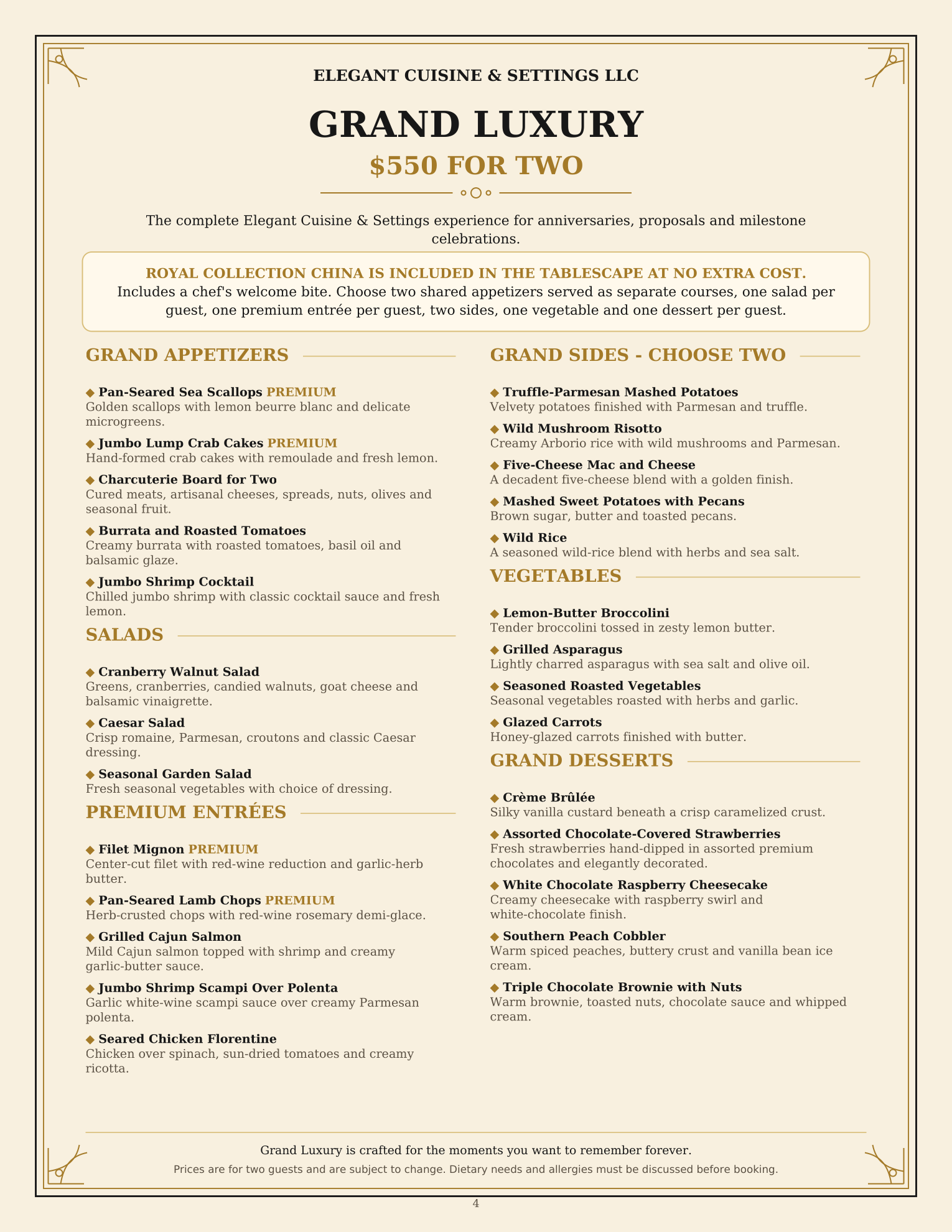 Grand Luxury menu, $550 for two — a six-course intimate dining menu with Royal Collection china included and premium appetizer, salad, entrée, side, vegetable, and dessert selections