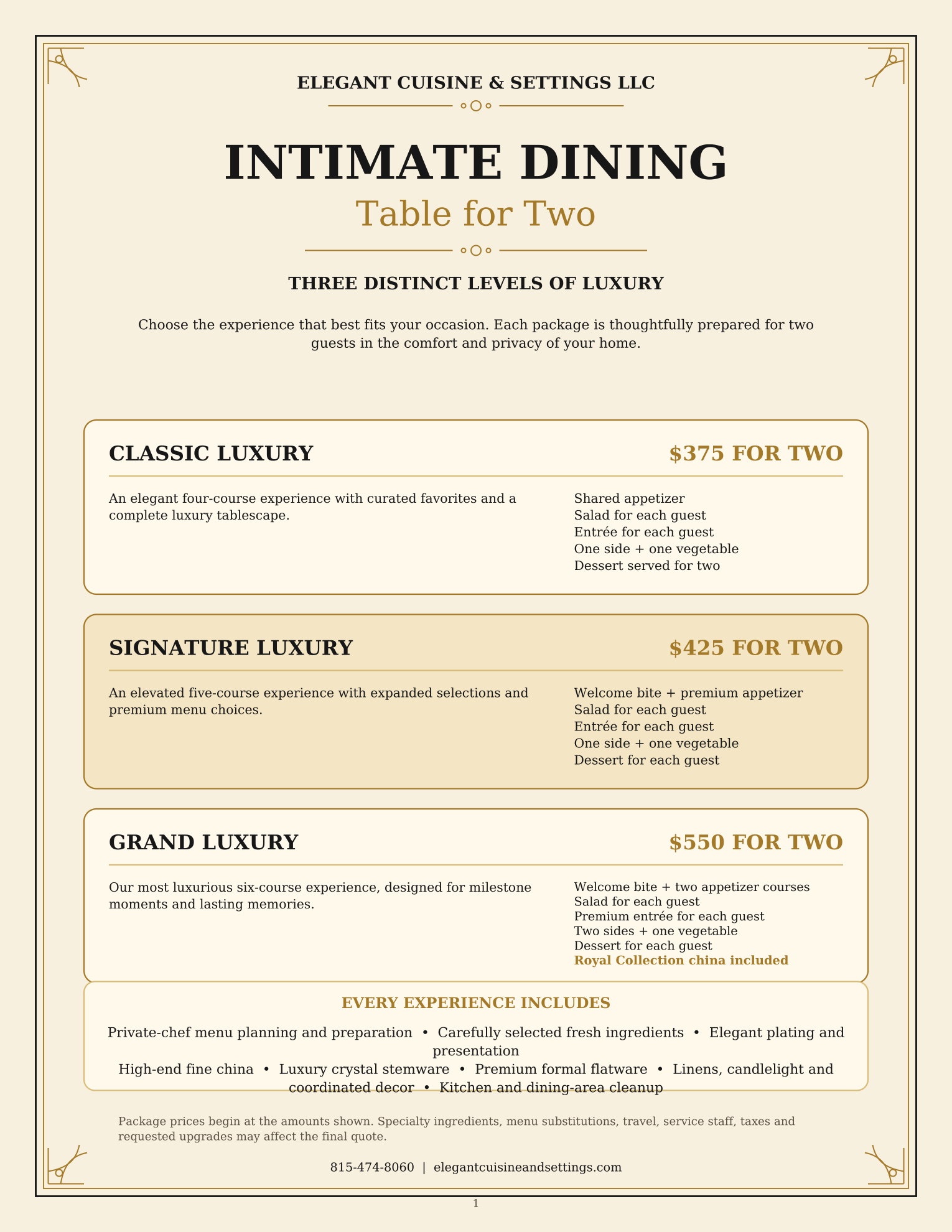 Intimate Dining Table for Two — three distinct levels of luxury: Classic Luxury $375, Signature Luxury $425, and Grand Luxury $550 for two, listing what each experience includes
