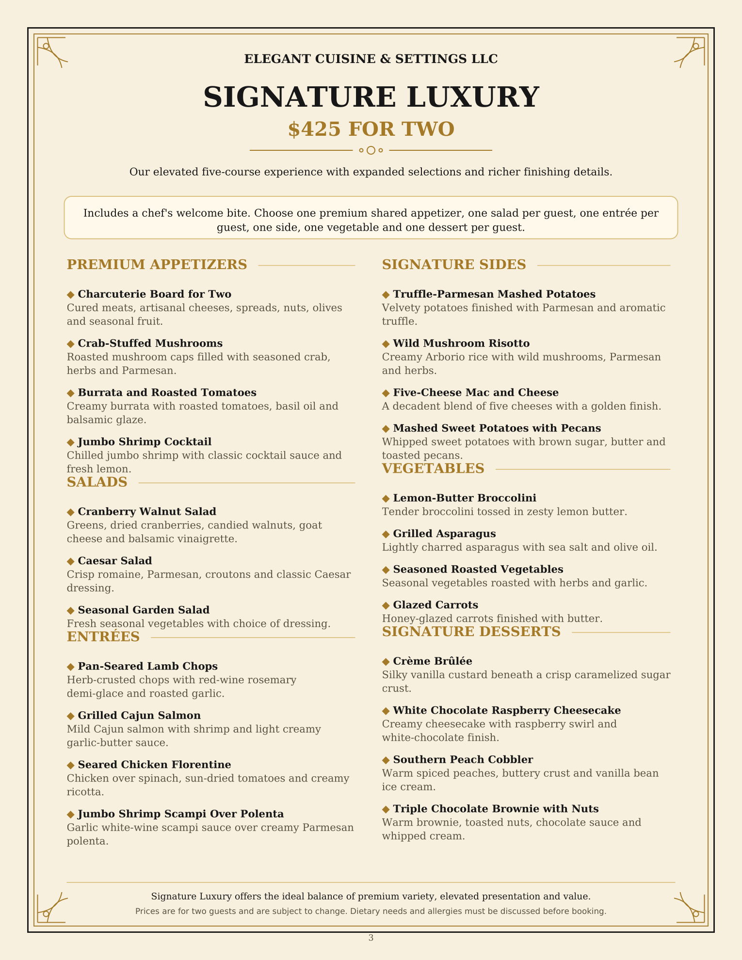 Signature Luxury menu, $425 for two — a five-course intimate dining menu with premium appetizer, salad, entrée, signature side, vegetable, and dessert selections